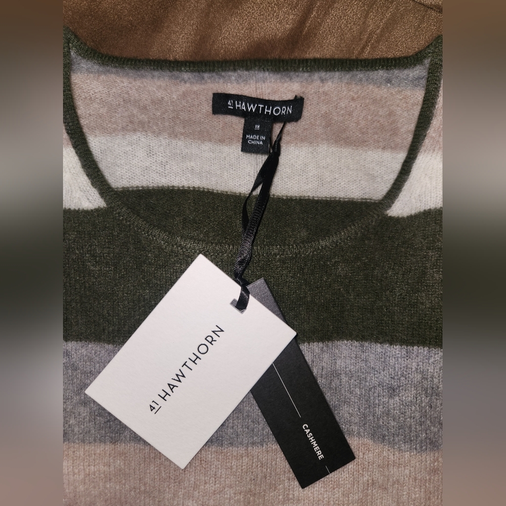 Nwt 41 Hawthorn Women Green Grey Tan Striped SOFT No Itch 100% Cashmere Sweater - Picture 6 of 8
